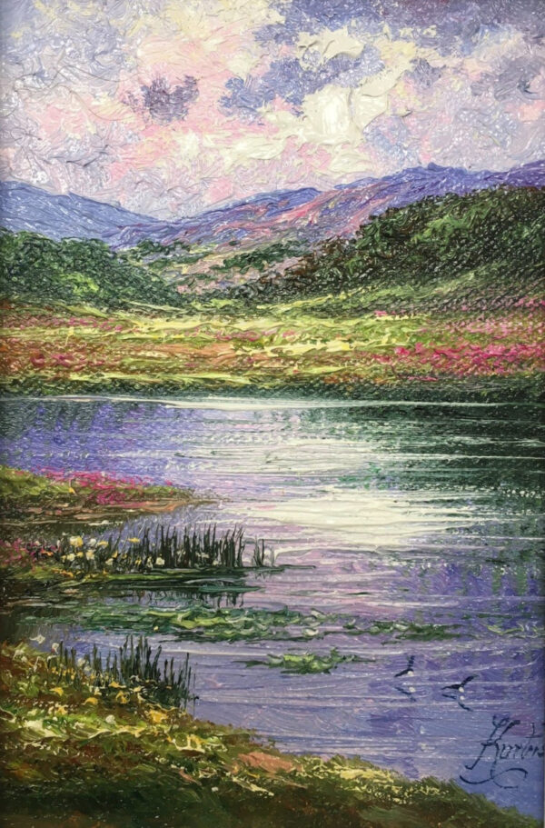 Esthwaite water lake district an original oil painting by Andrew Grant Kurtis. A stunning purple and green Lake District scene with mountain fells foliage and water reflections