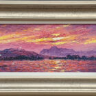 Original lake district oil painting by Andrew Grant Kurtis of richly coloured sunset skies and colourful water waves overlooking elterwater towards langdale pike fell range