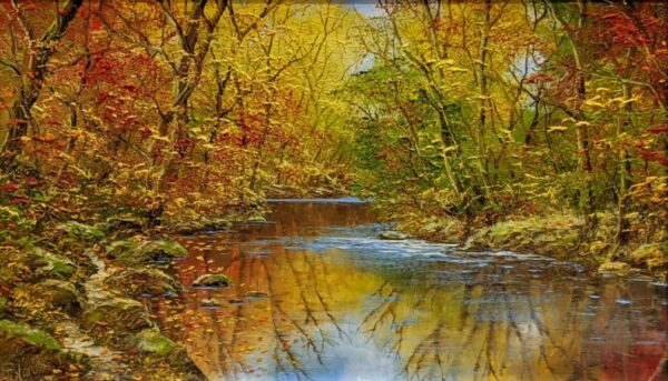 lake district art original oil painting textured oil landscape by terry evans beautiful countryside scene of a stream through woodland with orange red autumn leaves