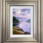 Derwentwater lake district an original oil painting by Andrew Grant Kurtis. A stunning purple and green Lake District scene with mountain fells foliage and water reflections