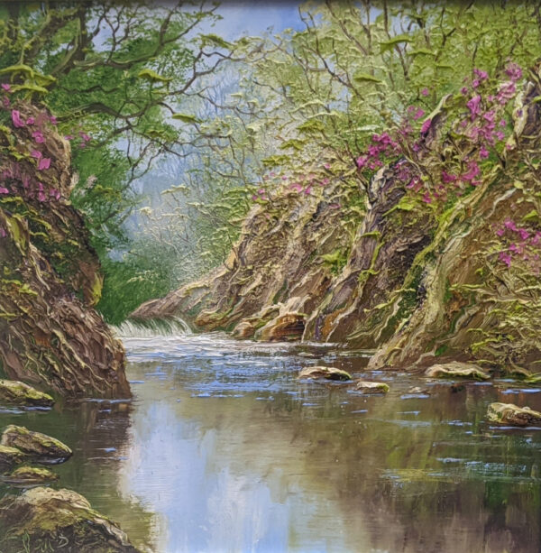 lake district art original oil painting textured oil landscape by terry evans beautiful countryside scene of a stream through woodland with summer foxglove wild flowers