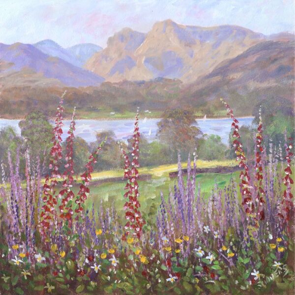 Lake District art print Foxgloves by Windermere by local artist Jeff Sudders of wildflowers with fields trees lakes and the Langdale Pikes mountains in the background.