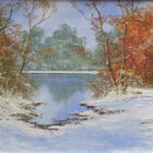 lake district art original oil painting textured oil landscape by terry evans beautiful countryside scene of a lake through woodland in winter snow and orange leaves