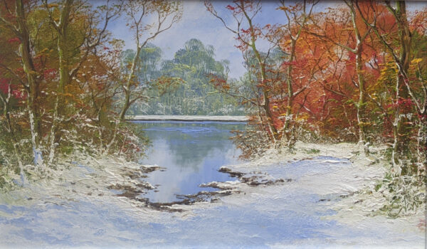 lake district art original oil painting textured oil landscape by terry evans beautiful countryside scene of a lake through woodland in winter snow and orange leaves