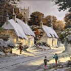 Lake District art original oil painting by Richard Telford of a snowy hamlet with two children playing while a man watches on. Light glows from cottage windows and distant church