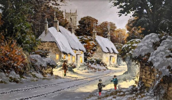 Lake District art original oil painting by Richard Telford of a snowy hamlet with two children playing while a man watches on. Light glows from cottage windows and distant church