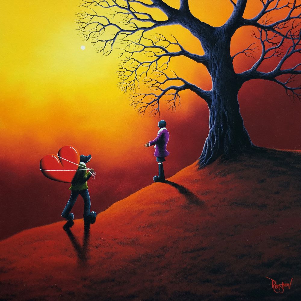 I'll Do Anything For You by David Renshaw Lake District art original oil painting I'll Do Anything For You by David Renshaw of a yellow and red landscape with a large heart being carried uphill as a gesture of love.