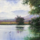 Original oil painting by Andrew Grant Kurtis of calming water landscape scene overlooking the glass like lake windermere towards misty fairfield fells
