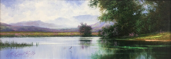 Original oil painting by Andrew Grant Kurtis of calming water landscape scene overlooking the glass like lake windermere towards misty fairfield fells