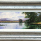 Original oil painting by Andrew Grant Kurtis of calming water landscape scene overlooking the glass like lake windermere towards misty fairfield fells