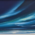 lake district art original acrylic painting by award winning artist jonathan shaw a panoramic seascape with aurora borealis blue sky and sweeping clouds with a shoreline impression below