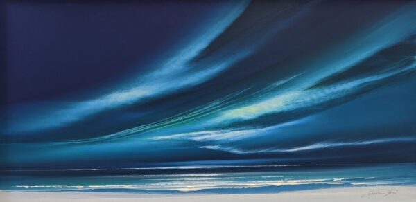 lake district art original acrylic painting by award winning artist jonathan shaw a panoramic seascape with aurora borealis blue sky and sweeping clouds with a shoreline impression below