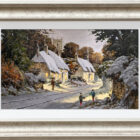 Lake District art original oil painting by Richard Telford of a snowy hamlet with two children playing while a man watches on. Light glows from cottage windows and distant church