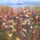 Lake District art print Summer in Bloom Windermere by local artist Jeff Sudders of colourful wild flowers in the foreground with lake and mountains in the distance.