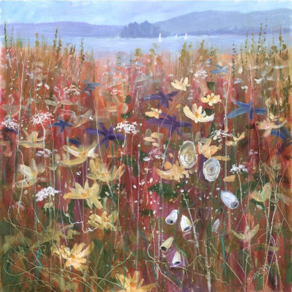 Lake District art print Summer in Bloom Windermere by local artist Jeff Sudders of colourful wild flowers in the foreground with lake and mountains in the distance.
