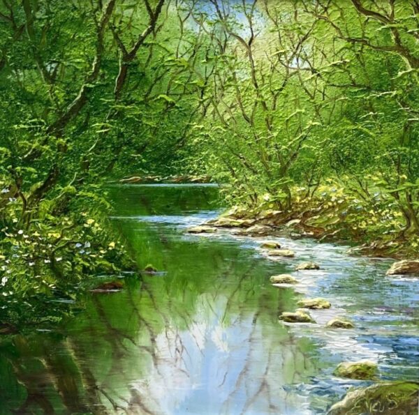 lake district art original oil painting textured oil landscape by terry evans beautiful countryside scene of a stream through woodland with summer wild flowers