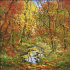 lake district art original oil painting textured oil landscape by terry evans beautiful countryside scene of a stream through woodland with orange red autumn leaves