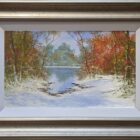 lake district art original oil painting textured oil landscape by terry evans beautiful countryside scene of a lake through woodland in winter snow and orange leaves