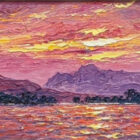 Original lake district oil painting by Andrew Grant Kurtis of richly coloured sunset skies and colourful water waves overlooking elterwater towards langdale pike fell range