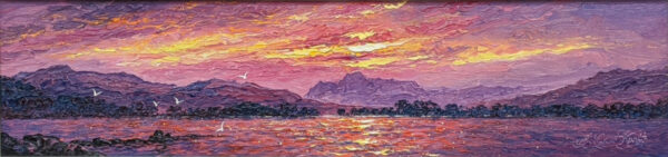Original lake district oil painting by Andrew Grant Kurtis of richly coloured sunset skies and colourful water waves overlooking elterwater towards langdale pike fell range