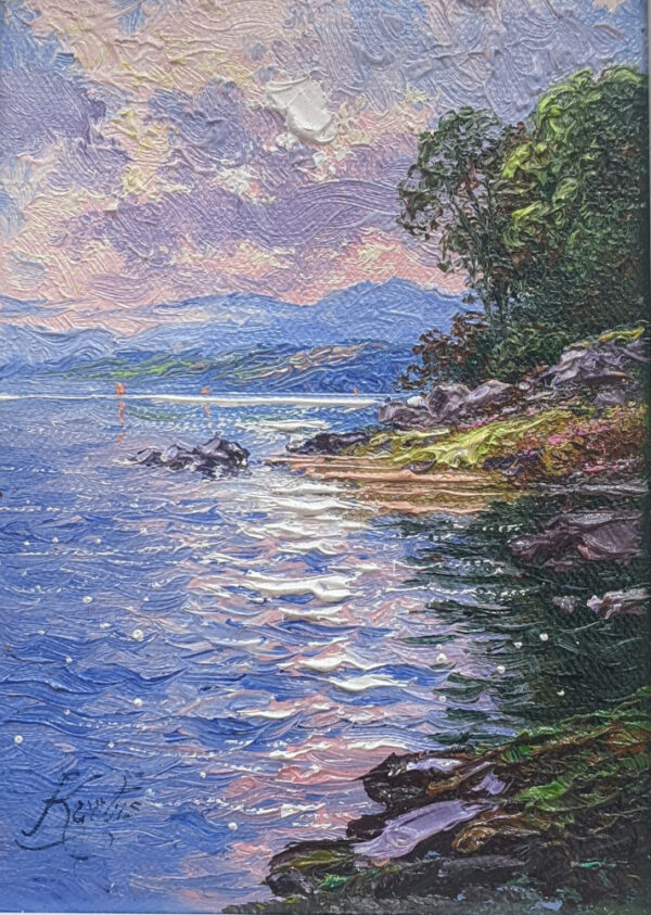 Ullswater lake district an original oil painting by Andrew Grant Kurtis. A stunning purple and green Lake District scene with mountain fells foliage and water reflections