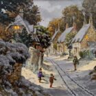 Joys of Snow an original oil painting by Richard Telford. A classic winter scene of a charming countryside village. Two children are playing in the snow and a dog walker
