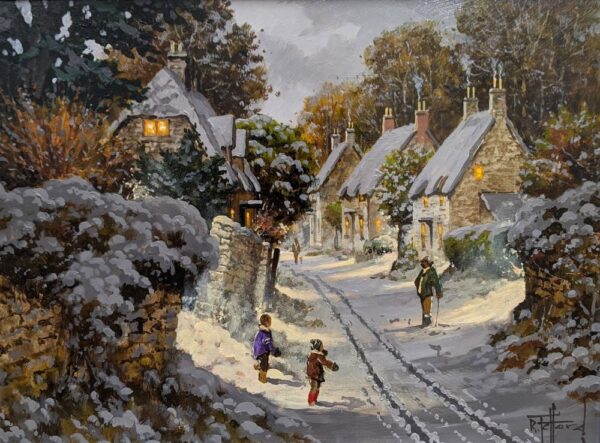 Joys of Snow an original oil painting by Richard Telford. A classic winter scene of a charming countryside village. Two children are playing in the snow and a dog walker