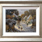 Joys of Snow an original oil painting by Richard Telford. A classic winter scene of a charming countryside village. Two children are playing in the snow and a dog walker