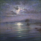 moonlight sparkle lakeland lake district an original oil painting by Andrew Grant Kurtis. A stunning purple moonlit scene with lake water reflections