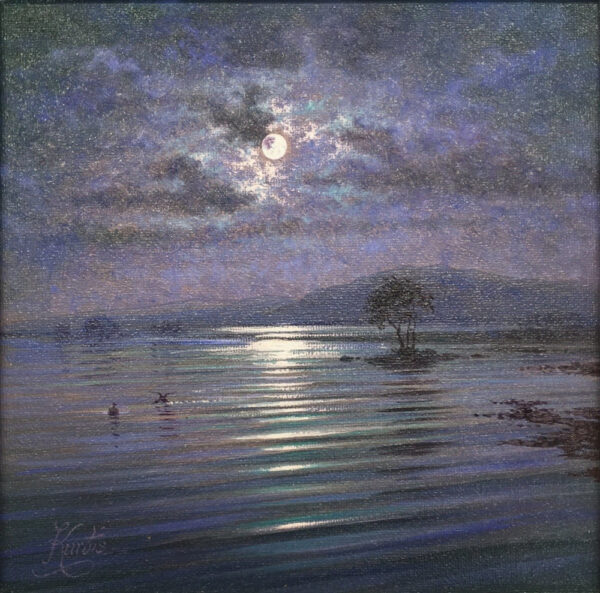 moonlight sparkle lakeland lake district an original oil painting by Andrew Grant Kurtis. A stunning purple moonlit scene with lake water reflections