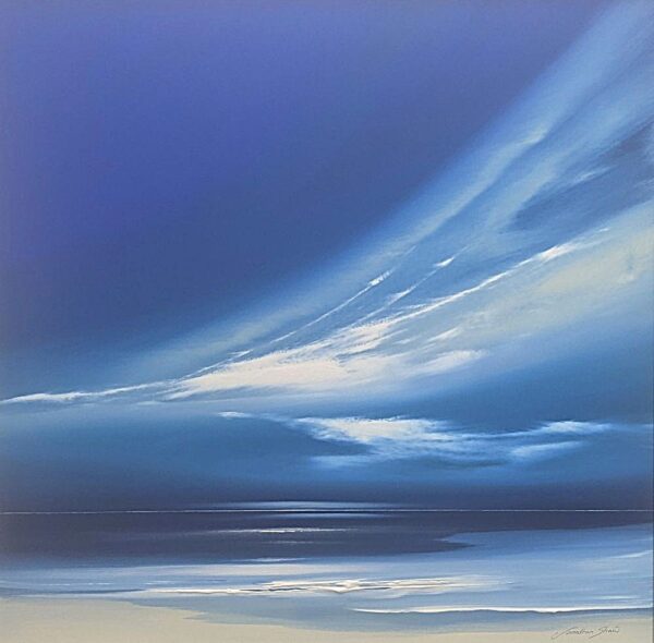 Lake District art original painting Blue Skies of sweeping skyscape in bright blue tones by Jonathan Shaw. Reminiscent of a beach shoreline