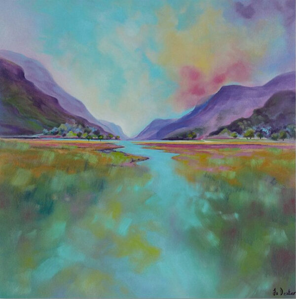 Colourful print of Buttermere in the Lake District with flank of High Stile on left,.
