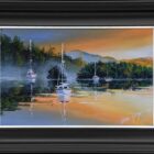 Lake District art original oil painting by Ben Goymour. Derwentwater - a golden hour view of the calm lake near keswick with still sailboats and distant mountains and mist