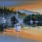 Lake District art original oil painting by Ben Goymour. Derwentwater - a golden hour view of the calm lake near keswick with still sailboats and distant mountains and mist