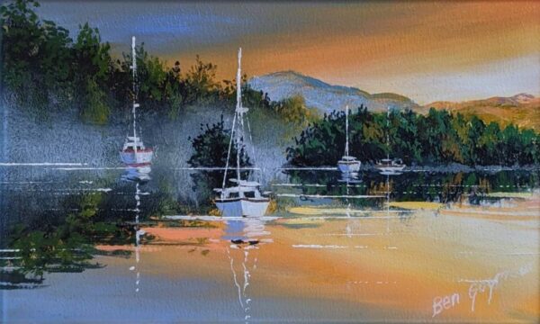 Lake District art original oil painting by Ben Goymour. Derwentwater - a golden hour view of the calm lake near keswick with still sailboats and distant mountains and mist