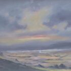 an original oil painting by Lake District artist Jeff Sudders. Distant Lake featuring a pastel green and purple landscape from the hillside looking down on a valley and cloudy sky