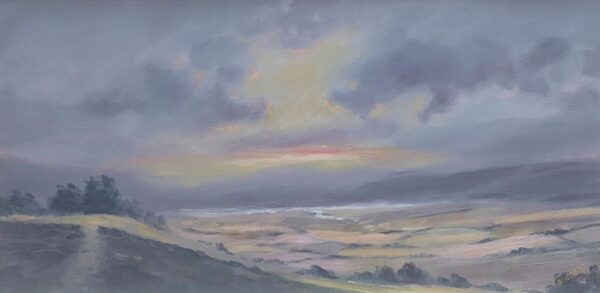 an original oil painting by Lake District artist Jeff Sudders. Distant Lake featuring a pastel green and purple landscape from the hillside looking down on a valley and cloudy sky