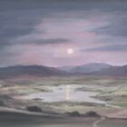 an original oil painting by Lake District artist Jeff Sudders. Early Evening - a rising moon in a purple sky over the lake and mountains