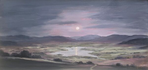 an original oil painting by Lake District artist Jeff Sudders. Early Evening - a rising moon in a purple sky over the lake and mountains