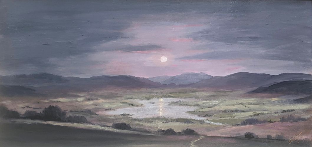 Early Evening by Jeff Sudders an original oil painting by Lake District artist Jeff Sudders. Early Evening - a rising moon in a purple sky over the lake and mountains