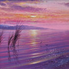 evening reflections lake district an original oil painting by Andrew Grant Kurtis. A stunning purple pink sunset with lake water reflections