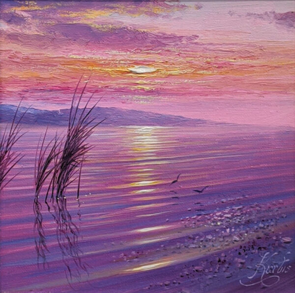 evening reflections lake district an original oil painting by Andrew Grant Kurtis. A stunning purple pink sunset with lake water reflections