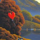 lake district art by david renshaw. It Takes Two - a northern romance portrait ted and doris with large red heart overlooking the sunset fells mountains and lake