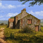 lake district art original painting by edward hersey oil on board of old farm buildings in rural english countryside in summer sunshine with cows and hens with a distant village
