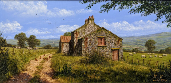 lake district art original painting by edward hersey oil on board of old farm buildings in rural english countryside in summer sunshine with cows and hens with a distant village