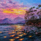 lake district art by Andrew Grant Kurtis sunshine sparkle friars crag derwentwater impasto oil painting featuring purple pink sunset and lake reflections