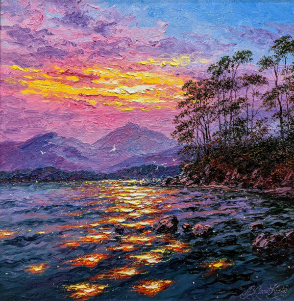 lake district art by Andrew Grant Kurtis sunshine sparkle friars crag derwentwater impasto oil painting featuring purple pink sunset and lake reflections