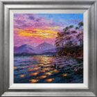 lake district art by Andrew Grant Kurtis sunshine sparkle friars crag derwentwater impasto oil painting featuring purple pink sunset and lake reflections