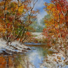 lake district art original oil painting textured oil landscape by terry evans beautiful countryside scene of a stream through woodland with orange red autumn leaves and winter snow