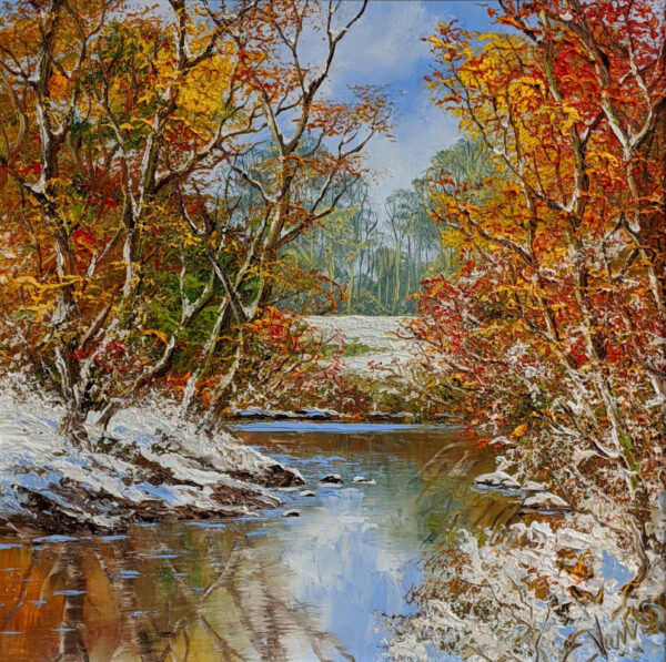 lake district art original oil painting textured oil landscape by terry evans beautiful countryside scene of a stream through woodland with orange red autumn leaves and winter snow